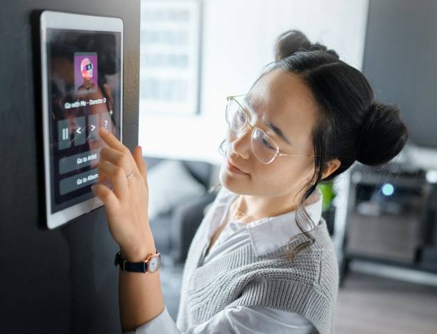 Cyber security, technology and Asian woman with security password in office, workspace and building