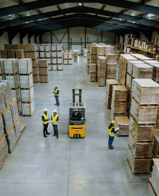 Top view of warehouse workers in warehouse. Team of warehouse workers preparing products for
